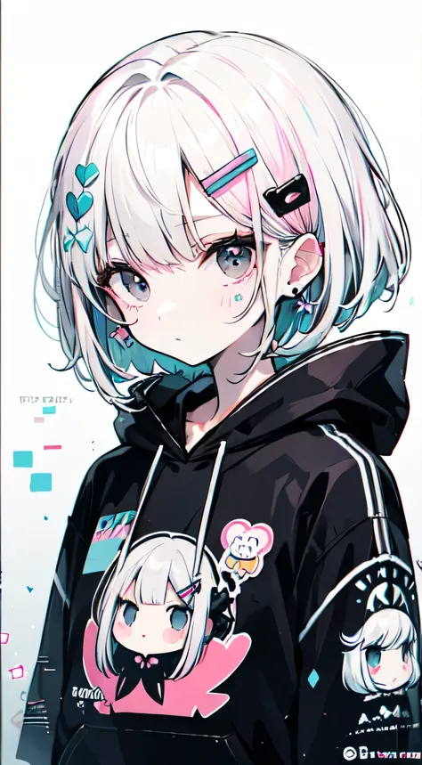 cute, cute女の子, White background, Light pink and light blue motif、Her clothes are fluffy and soft, a black hoodie, Decora accessories like hair clips、White Hair, Short Bob、Neat style, Black Eyes