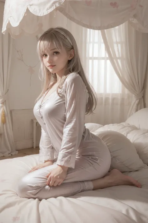 photo of mariya with long blonde hair, bang, NSFW, (petite:1.4), wearing (silver pajamas:1.3), (mastrubating:1.8), on bed in a cute girly bedroom adorned with pastel hues and playful decor. The walls are painted in soft pinks or lavender, with a delicate ...