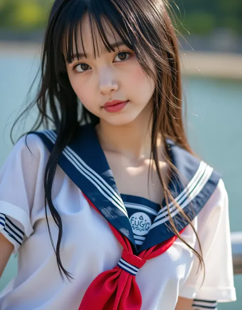 1girl, solo, outdoor, sailor uniform, wet clothes, see through, photorealistic, 8k, detailed eyes, detailed face, detailed skin, detailed hair, beautiful detailed eyes, beautiful detailed lips, extremely detailed face, long eyelashes, realistic, high quali...