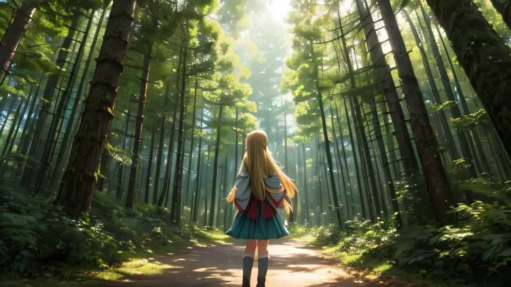 Deep in the forest　Sunlight filtering through the trees　A girl with long blonde hair is standing deep in the forest, looking up at the sky.　Japanese anime style