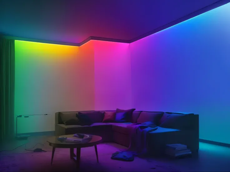 brightly lit room with couch and table in corner with curtains, volumetric rainbow lighting, colored lighting, rgb ethereal lighting, dramatic gradient lighting, dramatic colorful lighting, neon ambient lighting, soft neon lighting, rgb wall light, soft ca...