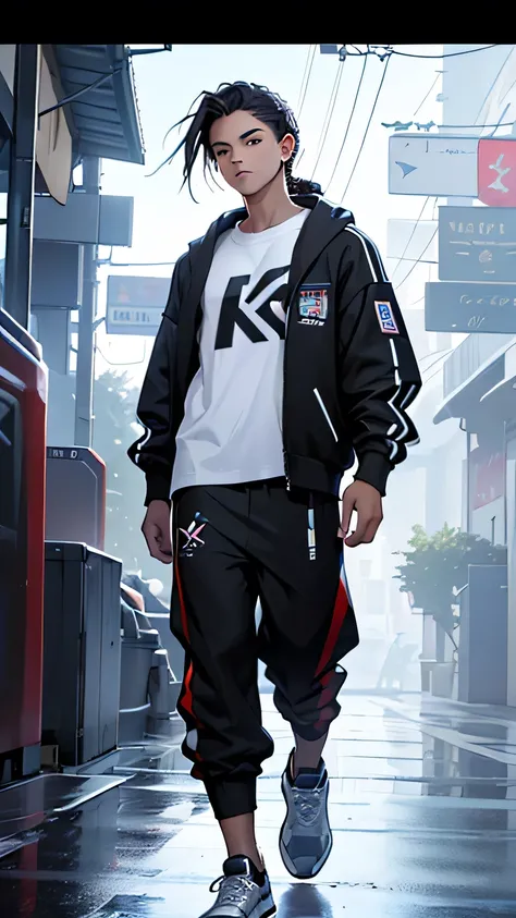 ultra high quality high res ultra detail super ultra hd 4k create a character page standing facing the camera in modern future world who is a hacker teenager and a fashion guy with modern full braided short hairstyle and wearing half hand white tshirt and ...