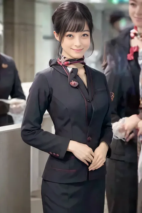 (masterpiece:1.2, Best Quality:1.2), 32K HDR, High resolution, (Alone、1 girl)、（JAL cabin crew uniform realistic style）、 (At the airport counter, Professional Lighting)、A proper woman, Beautiful Face,、（黒のJAL cabincrew uniform）、（Long sleeve JAL cabin crew un...