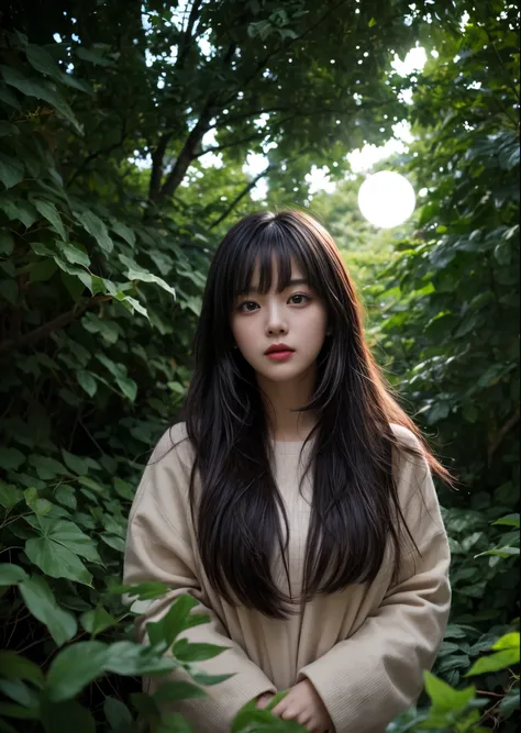 1 Female、、Long hair with bangs、Standing in a heart-shaped hole in the ivy leaves wrapped around a thick tree、Cute girl、In the forest、Pale Moon Night、The moon is half hidden by the clouds、Fantastic、High color reproducibility、Attention to detail、、Fascinating...