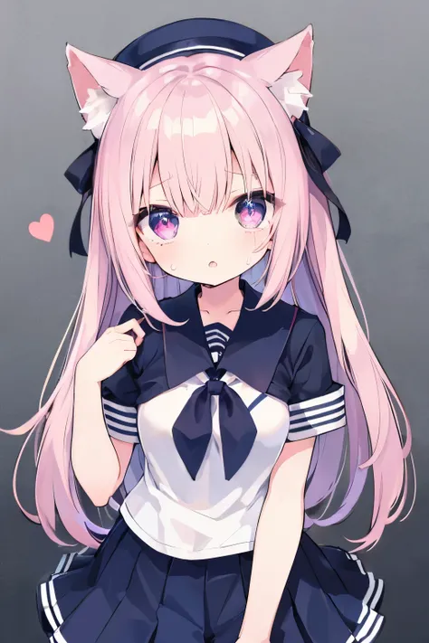 Navy Uniform、Elementary school girl、,Pink Shortcut,Very beautiful and Shining Eyes、Shining Eyes、1 girl、Large Breasts、Cat ears、(((((Small body)))))、heart❤、((sweat、vapor)）