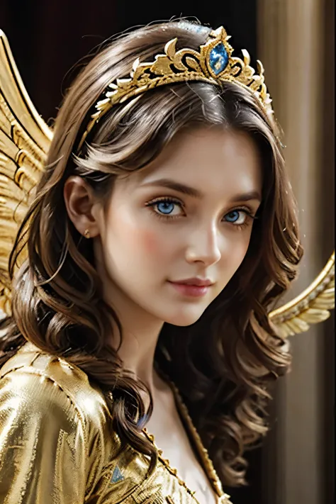 beata undine, face, close up, very highly detailed golden tiara with wings,
