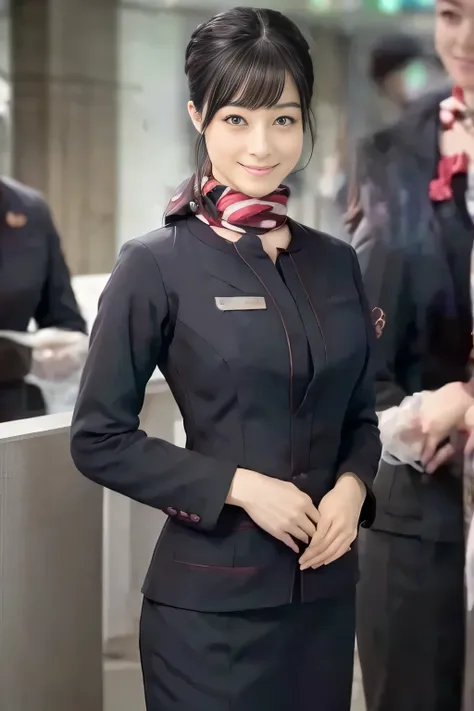 (masterpiece:1.2, Best Quality:1.2), 32K HDR, High resolution, (Alone、1 girl)、(JAL cabin crew uniform realistic style)、 (At the airport counter, Professional Lighting)、A proper woman, Beautiful Face,、(黒のJAL cabincrew uniform)、(Long sleeve JAL cabin crew un...