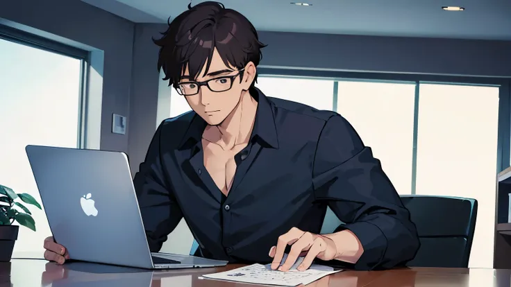 Black Top、A refreshing and handsome businessman wearing glasses、Gentle expression while working on a laptop