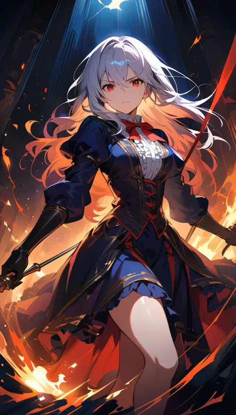 Anime version Woman lesbian vampire using Victorian social clothes that fight with a rapier, has diabolical magic, dark dramatic lighting, intense gaze, intricate costume details, cinematic high quality, oil painting style, moody dark colors, dramatic ligh...