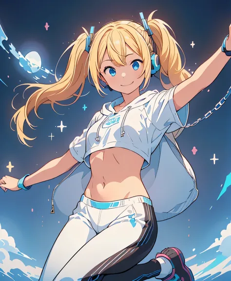 (masterpiece、最high quality、最high quality、Official Art、Beautiful and beautiful:1.2)、(One girl:1.3)Hatsune Miku、Twin tails,Big Breasts,最high quality、Best image quality、masterpiece、With a girl((1、A short-sleeved hoodie that shows off a black belly button、spor...