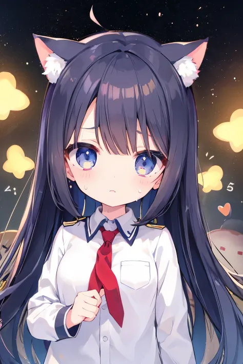 Navy Uniform、Elementary school girl、,,Very beautiful and Shining Eyes、Shining Eyes、1 girl、Large Breasts、cat ears、(((((Small body)))))、heart❤、((sweat、vapor)）