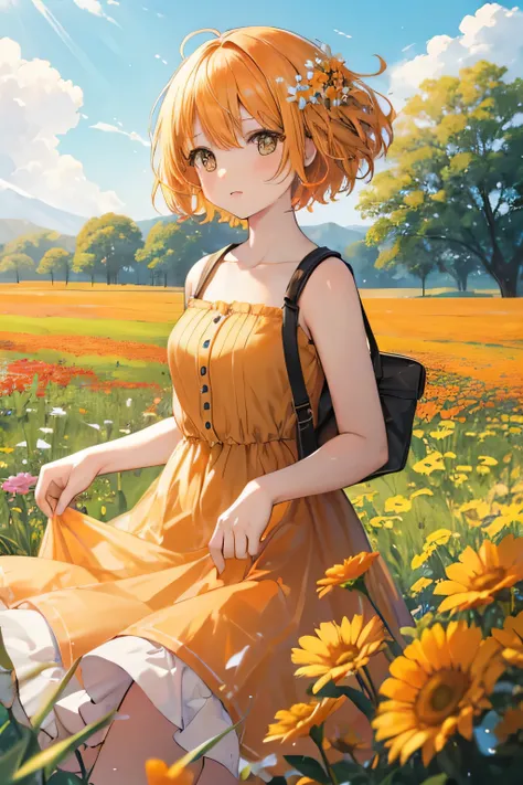 Girl, short blond orange-blond hair, brown eyes, summer dress, field of flowers