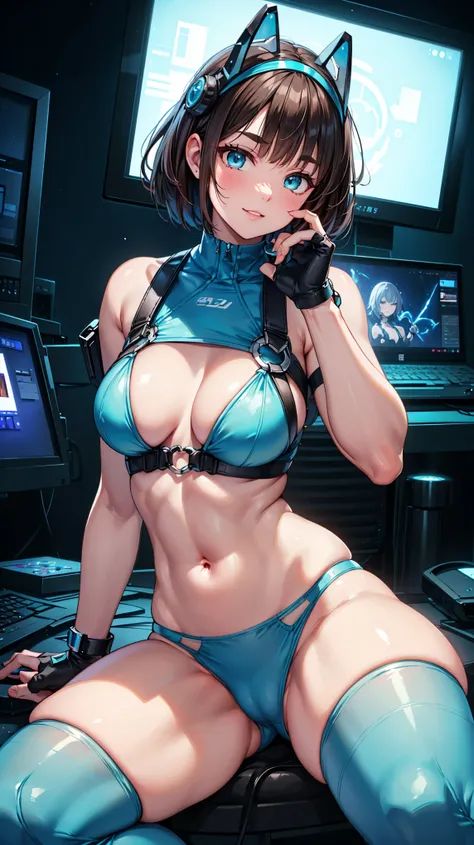 nsfw, (Shot to the knee:1.4),  Japanese woman:1.5, massive muscle body:1.5, waist:1.5, thick limbs:1.5, busty Chest:1.5, Futuristic Fashion, Fashion Portrait, Best Quality, Realistic, (turquoise sports underwear), (Reinforced Plastic_A complex fusion of ce...