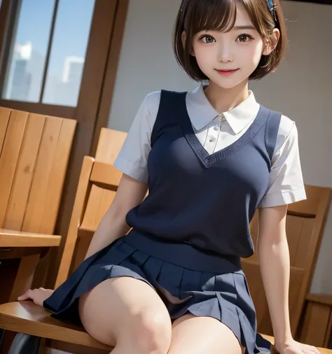 Best Quality、masterpiece、Ultra-high resolution、Clear Photo、(Very cute girl、Cute Yoda Yuki、The cutest in the world)、baby face、Small Face、(Very short hair:1.6)、Brown Hair、 thin、smile、School classroom、Wear an elaborate uniform、Sit on a chair、(((With legs wide...