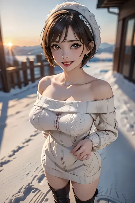 (The contrast of light and shadow、It makes the subject appear three-dimensional),(((Sunset background))),(((Standing on a snowy mountain in winter:1.3))),1 Beauty,4,Detailed face,double eyelid,Long eyelashes,Grin,Beautiful teeth alignment,blush,Red lips,((...