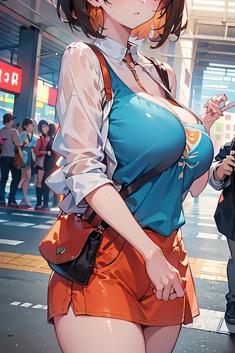 A highly detailed, anime-style masterpiece of (1 girl:1.1), 8k ultra-high resolution, masterpiece, reverse hair, light makeup, large bust size, at a train station, anatomically correct body, large breasts, very slim, delicate figure:1.4, thin waist, short ...