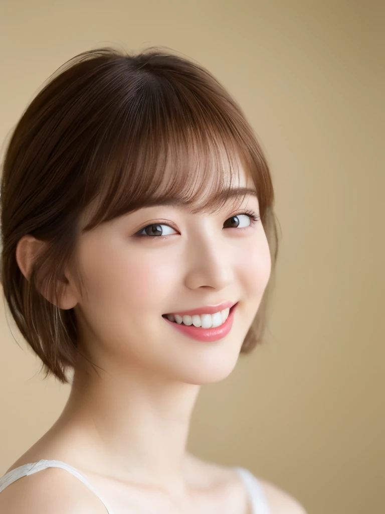 ((Best Quality, 8K, Masterpiece: 1.3)), 1 Girl, Slim Abs Beauty: 1.3, (Hairstyle Brown Hair Shortcut, Big: 1.2), Dress: 1.1, Super Slender Face, Delicate Eyes, Double Eyelids, Smile, Home, Raw Photo