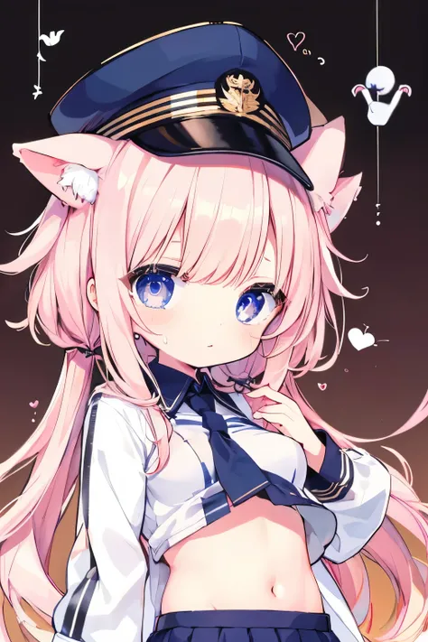 Navy Uniform、Elementary school girl、Light pink hair,Very beautiful and Shining Eyes、Shining Eyes、1 girl、Large Breasts、cat ears、(((((Small body)))))、heart❤、((sweat、vapor)）