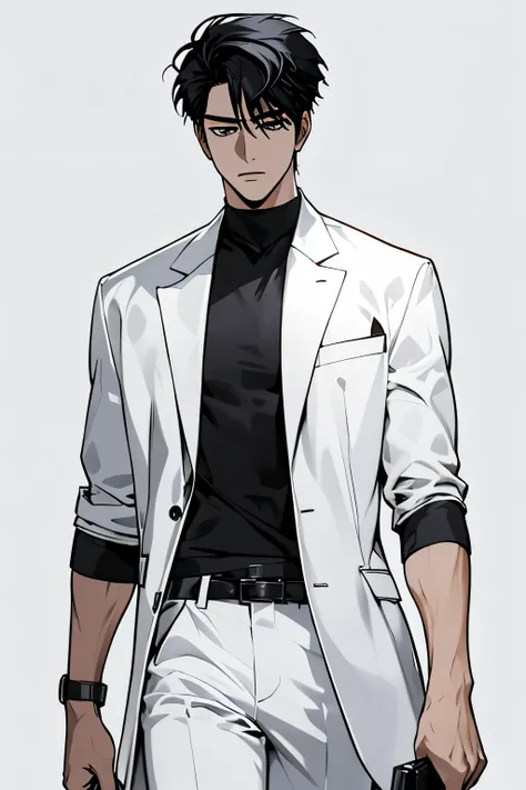 masterpiece, ultra detailed, 4K, 8K, 32K, intricate, (((1boy))), ((black hair)), ((no background)), white background, detailed eyes, white shirt and black pants, school uniform, handsome young man, 20 year old, (((same character))), dynamic pose, anatomica...