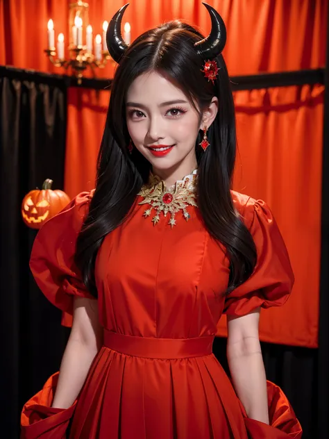 Best Quality　masterpiece　detailed　A very beautiful woman smiles and dresses up as a devil at a Halloween party　Black and red clothes　Photo style　Fantasy　Dramatic Production　Fantasy