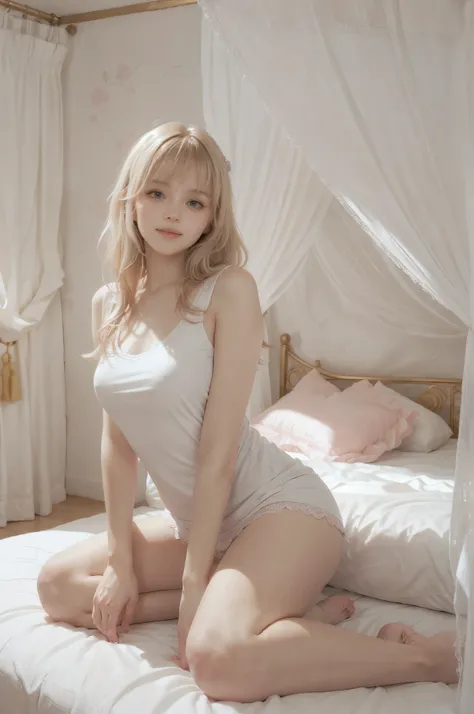 photo of mariya with long blonde hair, bang, (petite:1.4), wearing (white jersey:1.3), sitting on bed in a cute girly bedroom ad...