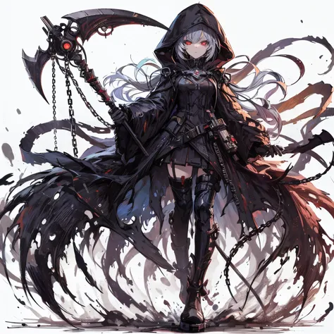 (masterpiece, best quality), ultra detailed, anime style, full body, solo, Full body anime style, Cyberpunk grim girl, cyber gothic dress, tendrils of dark shadow, ragged robes, hooded, with a chain sickle, the eyes burning hell flame, hi-tech boots, stand...
