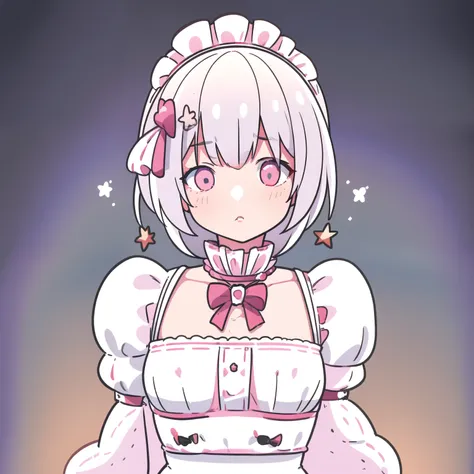 Shortcuts, Droopy eyes, White eyes, white hair, one girl, 
chest, Simple background Solo, Petite girl maid outfit