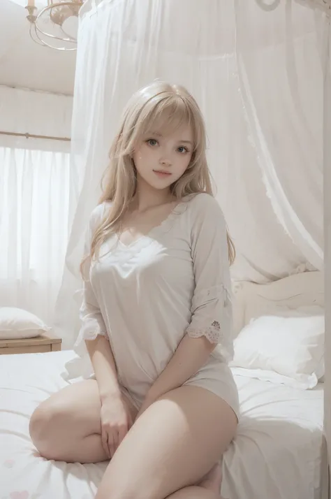 photo of mariya with long blonde hair, bang, (petite:1.4), wearing (white jersey:1.3), sitting on bed in a cute girly bedroom adorned with pastel hues and playful decor. The walls are painted in soft pinks or lavender, with a delicate floral or heart-patte...