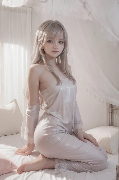photo of mariya with long blonde hair, bang, NSFW, (petite:1.4), wearing (silver pajamas:1.3), (mastrubating:1.8), on bed in a cute girly bedroom adorned with pastel hues and playful decor. The walls are painted in soft pinks or lavender, with a delicate ...