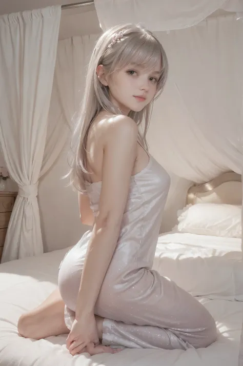 photo of mariya with long blonde hair, bang, NSFW, (petite:1.4), wearing (silver pajamas:1.3), (mastrubating:1.8), on bed in a cute girly bedroom adorned with pastel hues and playful decor. The walls are painted in soft pinks or lavender, with a delicate ...