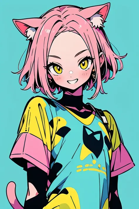 solo,upperbody,pink short bob,big forehead,cool face,black modern clothe,cat tail,model pose, cool smile,yellow simple background,(flat),(manga style),(sketch),(illustration),