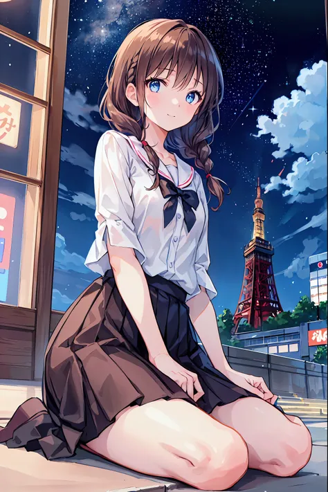 Girl sitting in front of Tokyo Tower、Brown Hair，Shortcuts，Messy Hair，Short braided hair，Neat，Slender beauty，A dignified posture，Small chest，Beautiful feet，Her captivating grey-blue eyes shine like stars，Vibrant colors,Beautiful Eyes,A delicate smile,Textur...