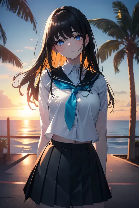 (Obra maestra, La mejor calidad, ultrahigh resolution), 1girl, standing, school uniform, white office shirt, black pleated skirt, ((light brown, light brown hair:0.7), long hair cut, pale skin, ((blue eyes)), glowing_eyes, neon eyes, (ultra detailed eyes:0...