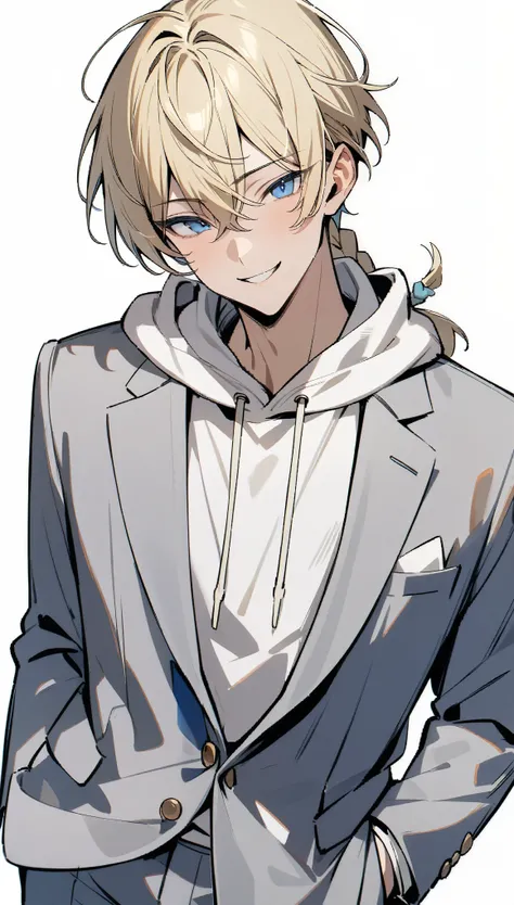 {{masterpiece}}, ,Attention to detail、One Man、1、Blonde Hair、Short Hair、Braided ponytail、((Perfect Blue Eyes)),((White background)),from front、Cowboy Shot、((Grey blazer、Wearing a white hoodie underneath、Grey slacks))、smile