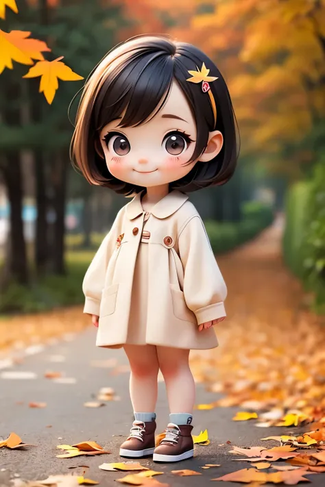 Photorealistic、Chibi Girl（smile、Standing pose、front、Autumn Clothes、Cute Shoes、Cute hairpin、Short Bob）