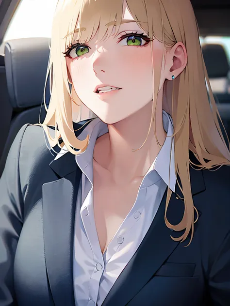 leaning forward,upper body,
(pale skin: 1.2),  shiny skin, shiny hair、
(A 2 woman with medium-length hair and bangs) and (wavy hair) and (Blonde Hair) and (green eyes) , 
(business suit:1.5)and (Wearing a white collared shirt)、
Cleavage、(blush:1.5)、Back se...