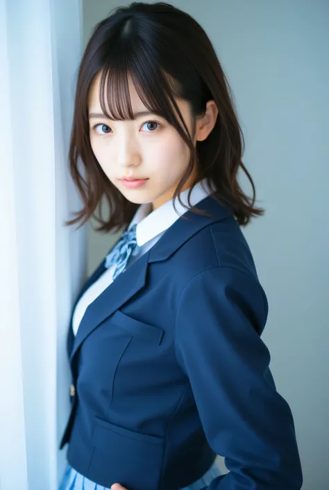 raw photo of Cute idol high school girl,cute 1 gravure idol, j-pop idol style,school uniform, navy blue blazer, pleated miniskirt,