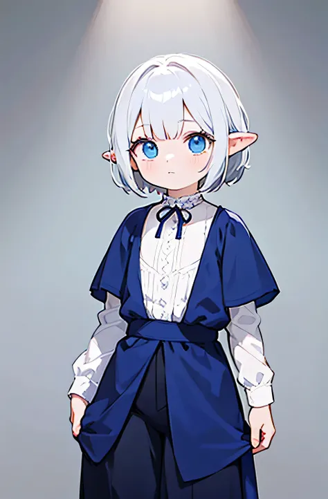 Fairy girl, short with silver hair bob hairstyle, white skin, with blue eyes. ears - elven. Simple medieval closed garment with trousers.