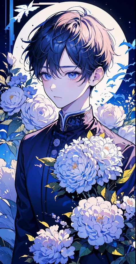 (masutepiece), (Best Quality), Highly detailed, (One boy:1.4), full body photographed，Perfect face, Beautiful face, extra detailed face，white  hair，Mare，butterflys々，flower petals，optic，waterface，a moon，Fantasia，fanciful，mystical