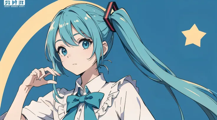 masterpiece, Best Quality, Super detailed, Hatsune Miku, Like a magazine cover, Holding a small star badge in each hand, whole body, Casual clothing, Blue background