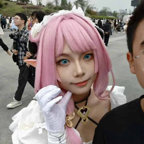 A man and a woman in costumes, anime role play, anime girl role play, role player, Belle Delphine, Pink ponytail hair and cyan eyes, Anime girls in real life, role play photo, role play, professional role play, Pink Hair, realistic role play, full-role pla...