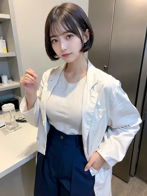 ((Top Quality, 8k, Masterpiece: 1.3)), ((1 girl)), woman, (Huge Breasts:1.2), ((White lab coat)), ((paired with navy blue pants)), holding a clipboard and standing near laboratory equipment, Posing like a model, gold earring, (Women in Japan:1.05), ((short...
