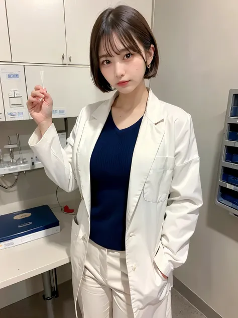((Top Quality, 8k, Masterpiece: 1.3)), ((1 girl)), woman, (Huge Breasts:1.2), ((White lab coat)), ((paired with navy blue pants)), holding a clipboard and standing near laboratory equipment, Posing like a model, gold earring, (Women in Japan:1.05), ((short...
