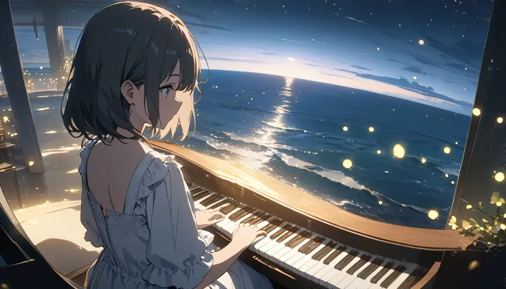 "(Best quality,high resolution,masterpiece:1.2),Girl playing piano in shiny white dress,Quiet moonlight,Overlooking the ocean,panoramic,Widescreen,Animation Shots,Ethereal atmosphere,Sparkling Fireflies,Soft Focus Piano"