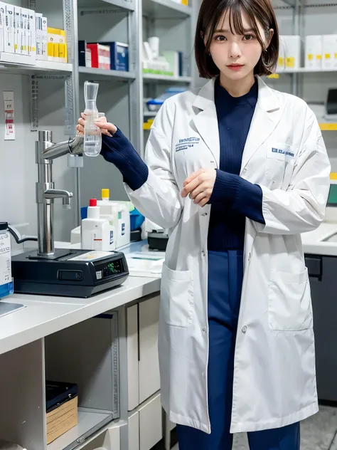 ((Top Quality, 8k, Masterpiece: 1.3)), ((1 girl)), woman, (Huge Breasts:1.2), ((White lab coat)), ((paired with navy blue pants)), holding a clipboard and standing near laboratory equipment, Posing like a model, gold earring, (Women in Japan:1.05), ((short...