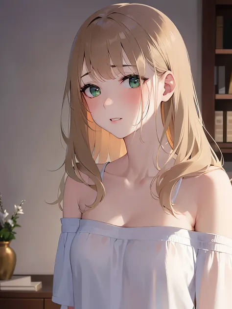 Upper Body, Realistic, Real person, (pale skin: 1.2), RAW photo, photorealistic, shiny skin, shiny hair、(A 2 woman with medium-length hair and bangs) and (wavy hair) and (Blonde Hair) and (green eyes) , Wearing a white off-the-shoulder blouse 、(blush:1.5),...