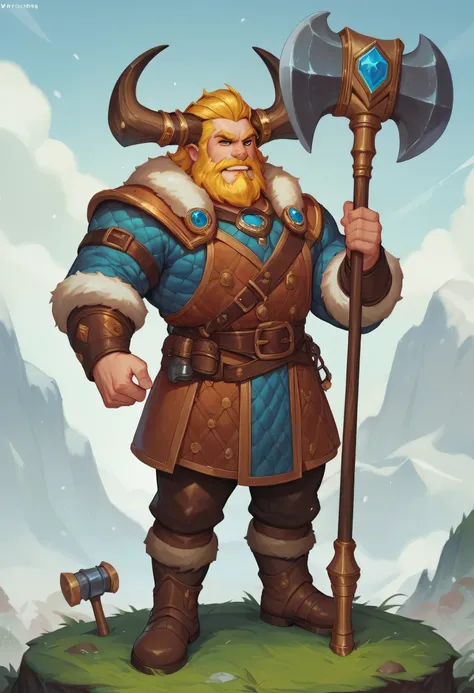 a big old dwarf king , trader, yellow hair, leather appron, big ghoat horn hammer, winter clothes, yellow beard and a crown on head with a big hammer game art style league of legends style full body a big crown on head 