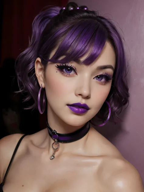 1girl, purple lips, purple hair, short hair, tattoo, disco club, eyeliner, blush, makeup, mascara, eye shadow, wavy hair, choker, pale skin, breasts, hoop earrings, head tilt, ponytail