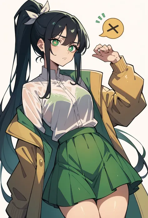 1girl, black hair, very long hair, ponytail, x-shaped pupils, Green eyes, White sheer shirt, Green skirt, jacket, standing, high detail, high details, high quality, award winning, best quality, [Welcome Emoji for discord]