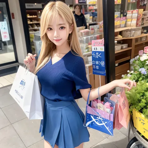 realistic,, one korean girl, (tight blue casual outfit),, skirt (full bang)), beautiful blonde hair ,((layers hair)), ((japanese hair)),, slighly exposing flat chest, totbag. (viewing product), pushing cart, highlighting cheerful expression,, carrying shop...